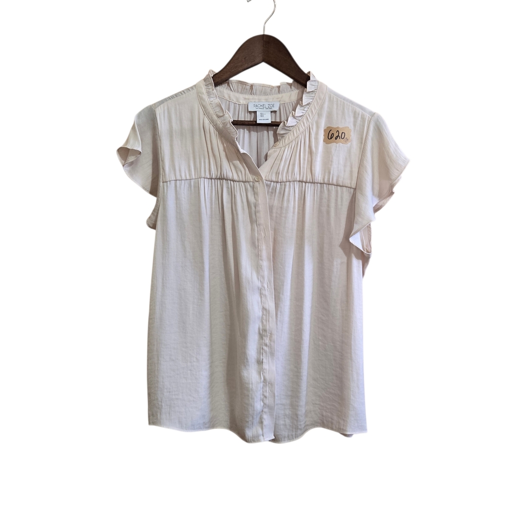 Rachel Zoe Women's Satin Blouse Size LG Short Sleeve Button Up Boho Ruffle Cream